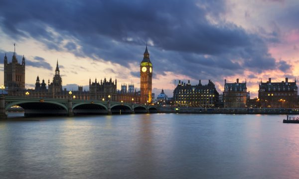 View of Big Ben clock tower in London at sunset, UK.